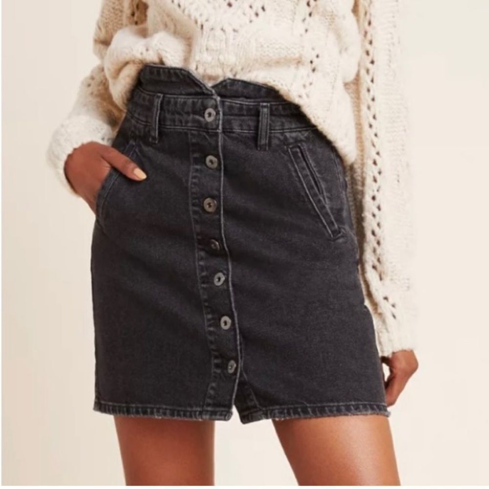 Anthropologie Pilcro & the Letterpress Black Button-Front Denim Mini Skirt Sz 8